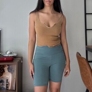 Champion Womens High Waisted Bike Shorts Teal Blue Side Pockets Small RN117927
